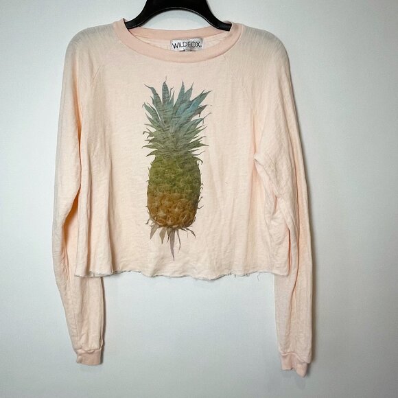 Wildfox Pineapple Graphic Long Sleeve Crop Top T-Shirt Orange S Womens Crew Neck - Picture 1 of 7